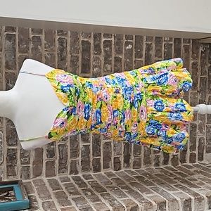 Zara Yellow Floral Ruched Mini Dress with Blue & Pink Accents